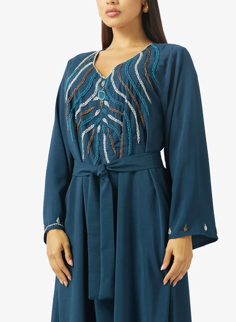 hayas closet  Embellished Floral Stonework At Front Section An Belt Jalabiya for Women | Best Price UAE